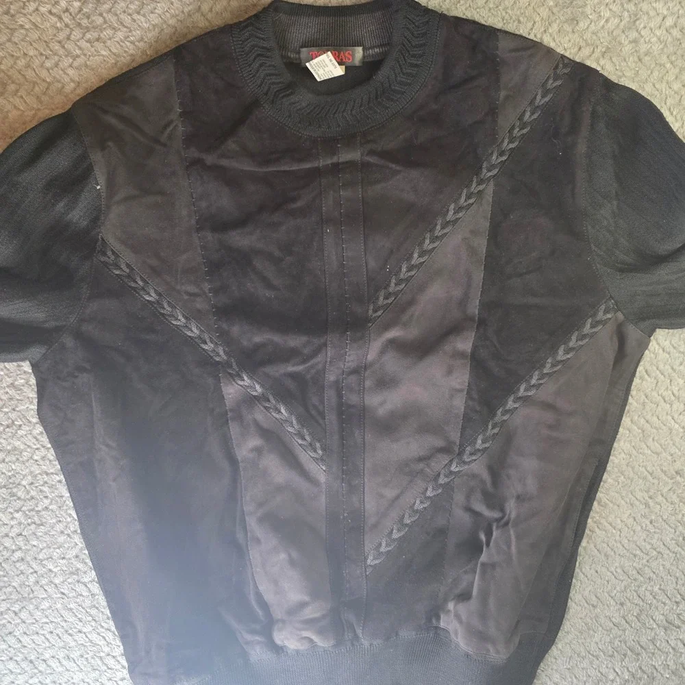 Vintage TORRAS Spain Black Wool Leather Knit Crewneck Sweater Mens 44 Large